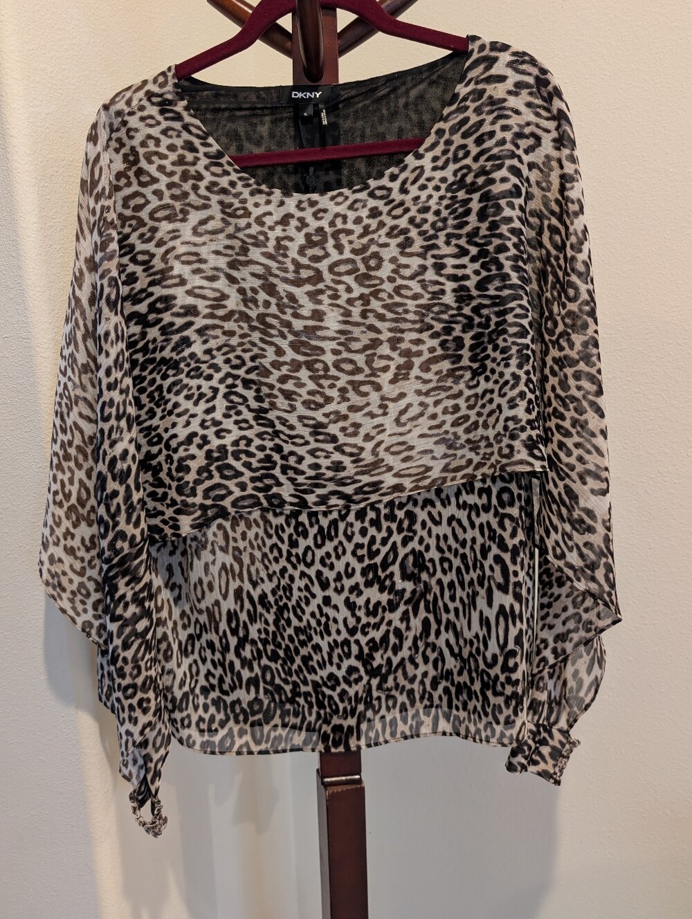 DKNY Sheer Leopard-Print Drape Blouse in Beige and Brown, Size XL - NEW